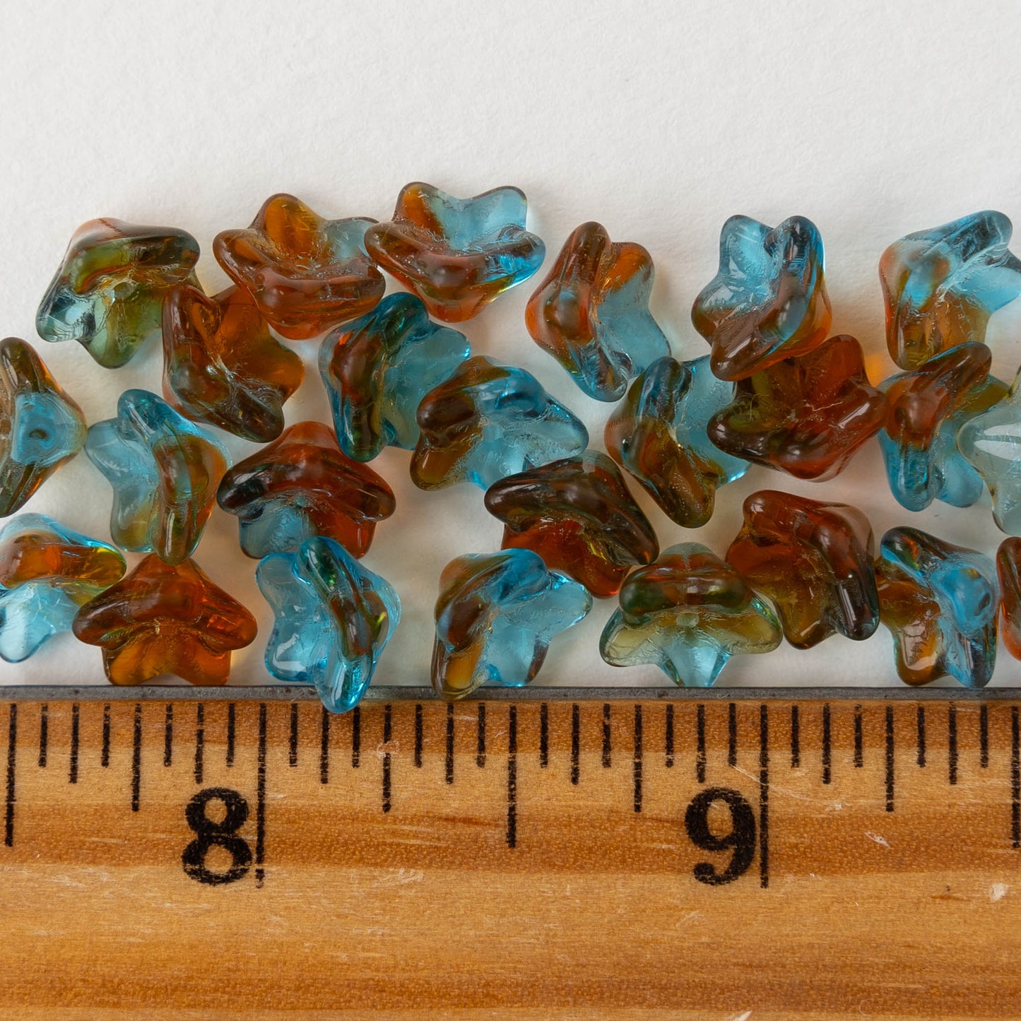 6x9mm Glass Bell Flower Beads - Transparent Aqua Amber Mix - 12 beads