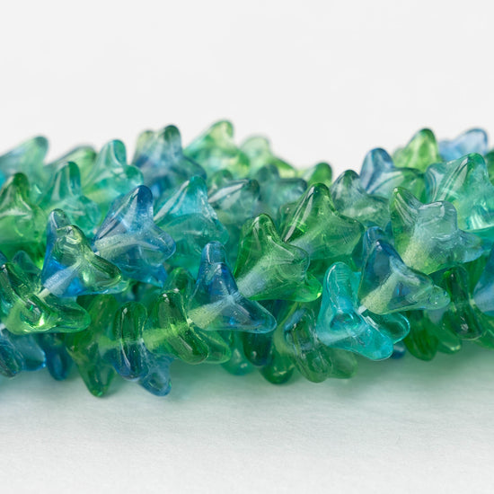 6x9mm Glass Bell Flower Beads - Transparent Aqua Green Mix - 12 beads