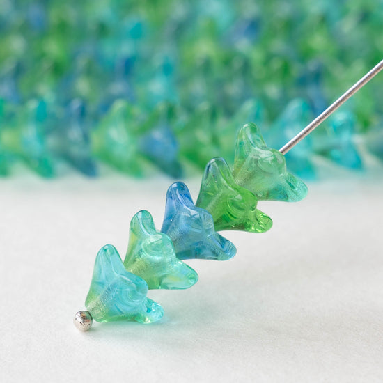 6x9mm Glass Bell Flower Beads - Transparent Aqua Green Mix - 12 beads