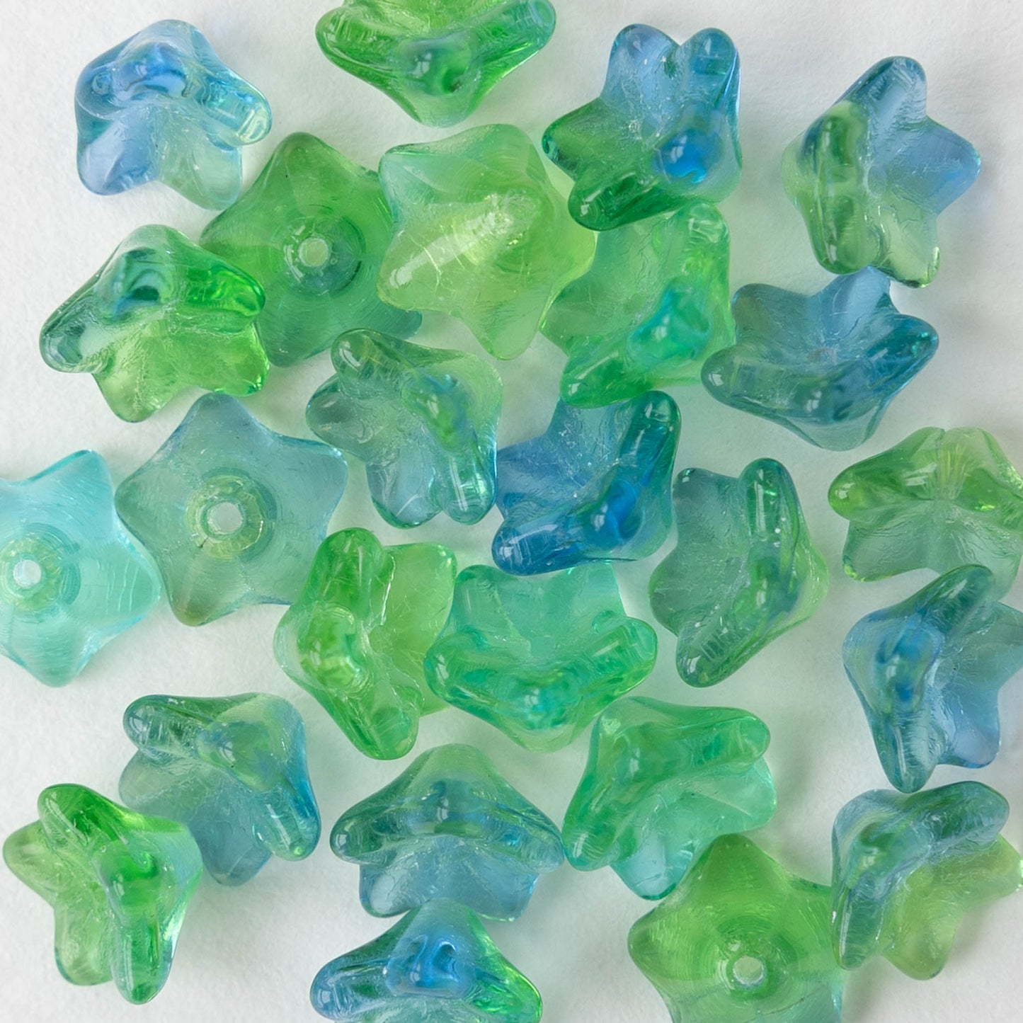 6x9mm Glass Bell Flower Beads - Transparent Aqua Green Mix - 12 beads