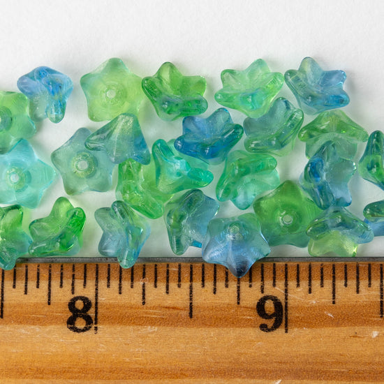 6x9mm Glass Bell Flower Beads - Transparent Aqua Green Mix - 12 beads