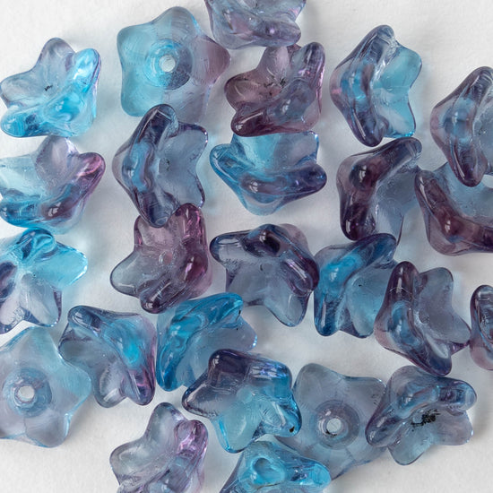 6x9mm Glass Bell Flower Beads - Transparent Blue Purple Mix - 12 beads