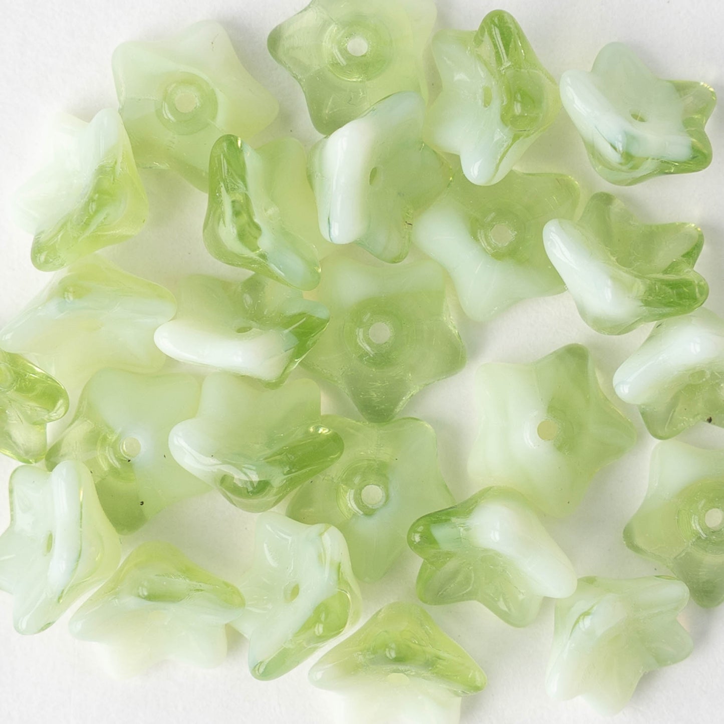 6x9mm Glass Bell Flower Beads - White Green Mix - 20 beads