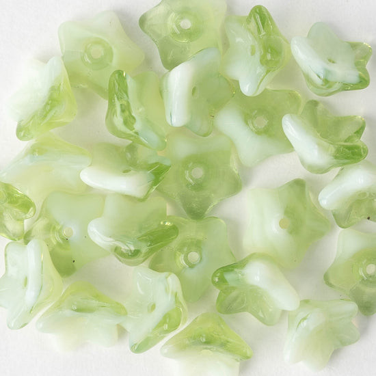 6x9mm Glass Bell Flower Beads - White Green Mix - 20 beads