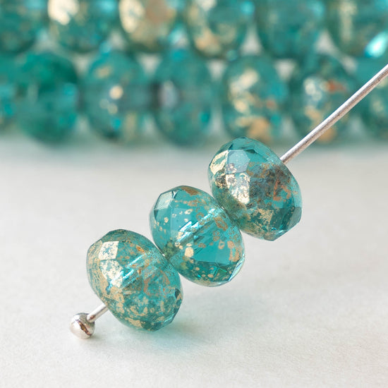 6x9mm Firepolished Rondelle Beads - Transparent Lt. Aqua with Gold Dust  - 25 Beads