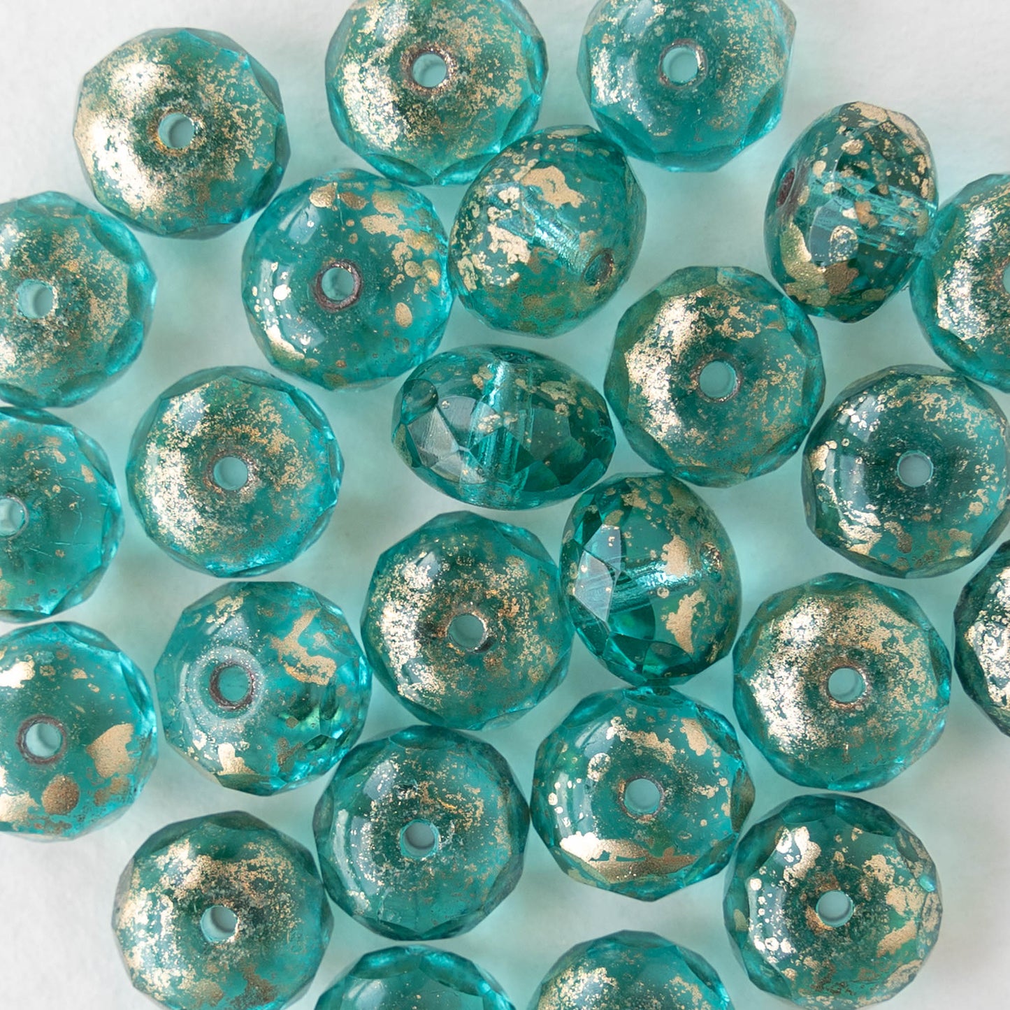 6x9mm Firepolished Rondelle Beads - Transparent Lt. Aqua with Gold Dust  - 25 Beads