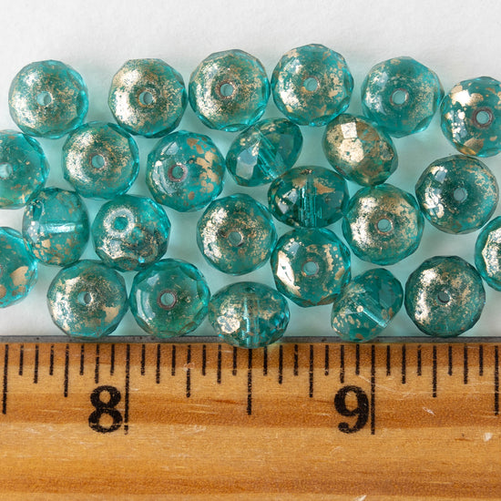 6x9mm Firepolished Rondelle Beads - Transparent Lt. Aqua with Gold Dust  - 25 Beads