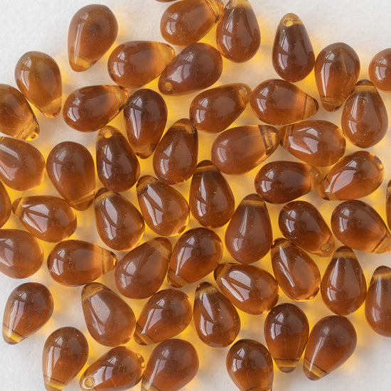 6x9mm Glass Teardrop Beads - Amber -  50 Beads