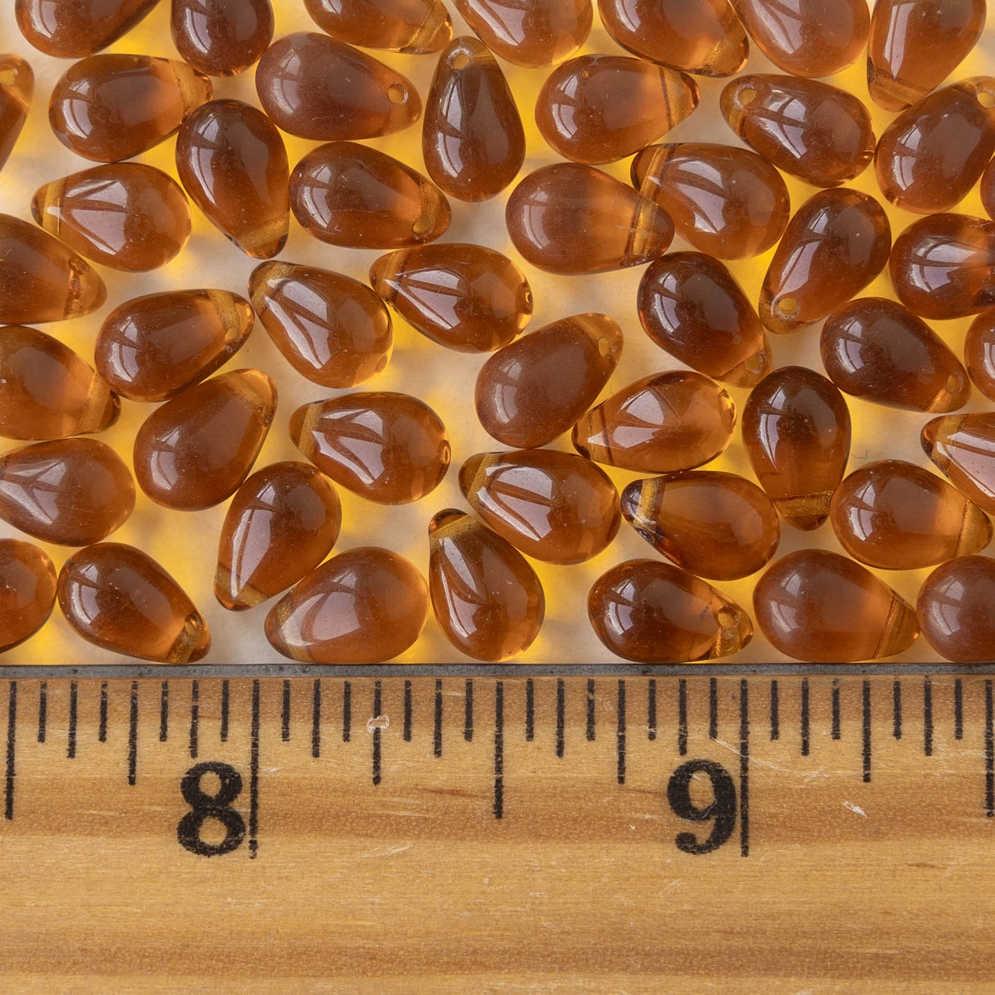 6x9mm Glass Teardrop Beads - Amber -  50 Beads