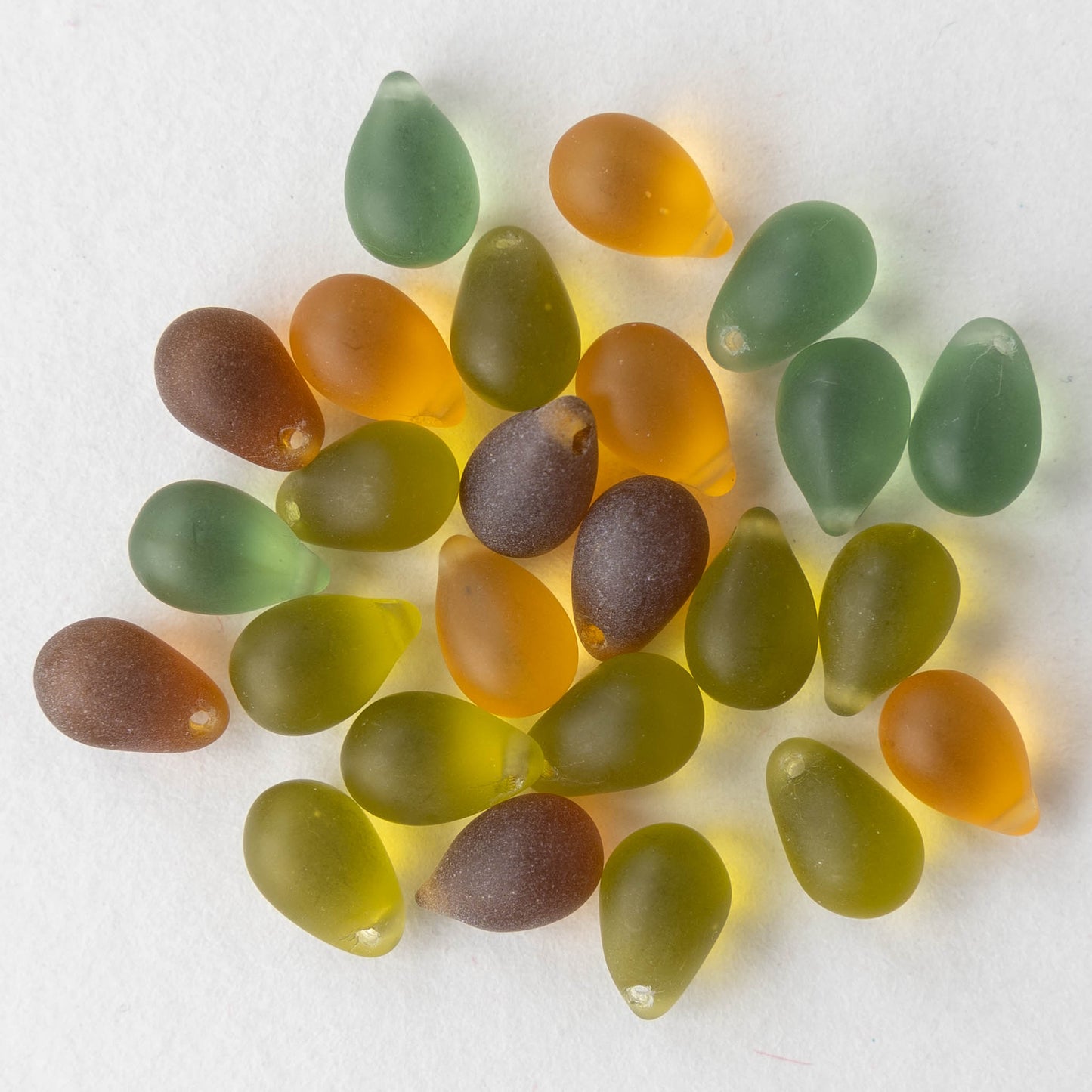 6x9mm Glass Teardrop Beads - Green & Amber Matte Mix - 25 Pieces