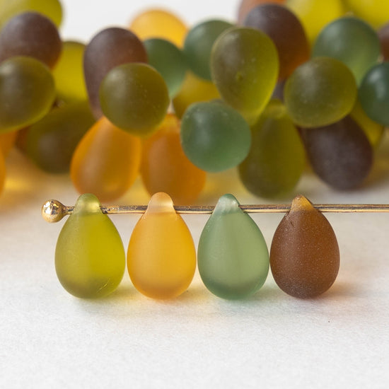 6x9mm Glass Teardrop Beads - Green & Amber Matte Mix - 25 Pieces