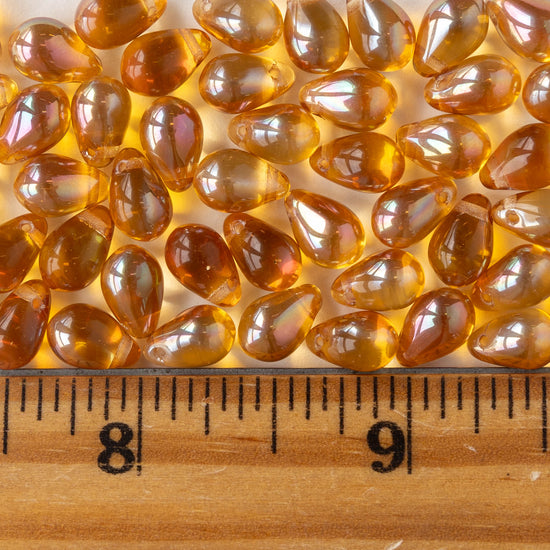 6x9mm Glass Teardrop Beads - Amber Luster - 30 Beads