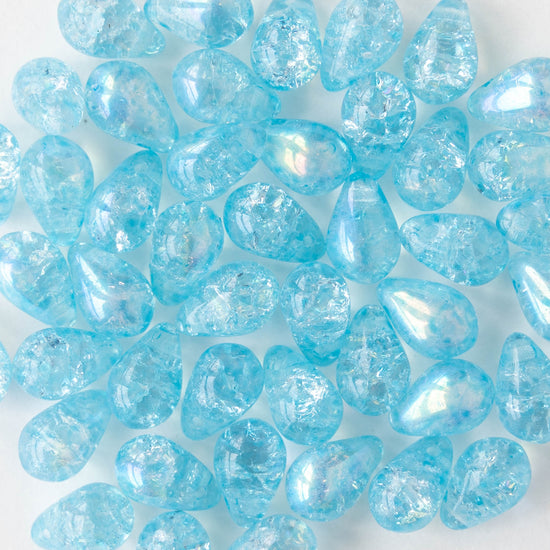 6x9mm Glass Teardrop Beads - Light Aqua Crackle AB - 30 Beads