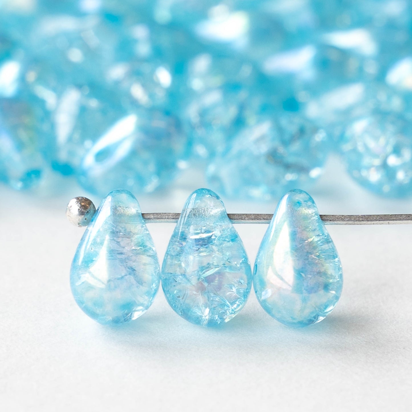 6x9mm Glass Teardrop Beads - Light Aqua Crackle AB - 30 Beads