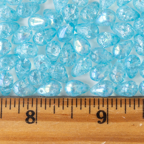 6x9mm Glass Teardrop Beads - Light Aqua Crackle AB - 30 Beads