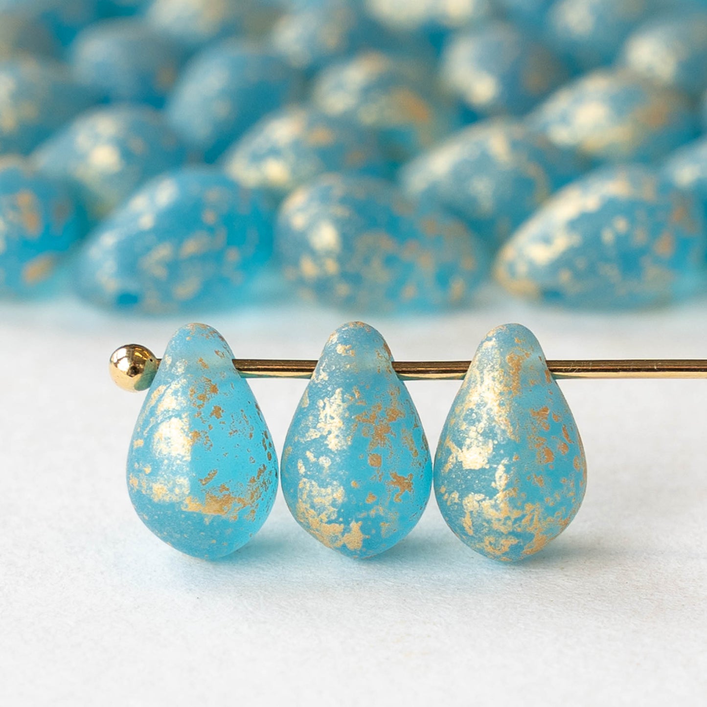 6x9mm Glass Teardrop Beads - Matte Aqua with Gold Dust - 30 Beads