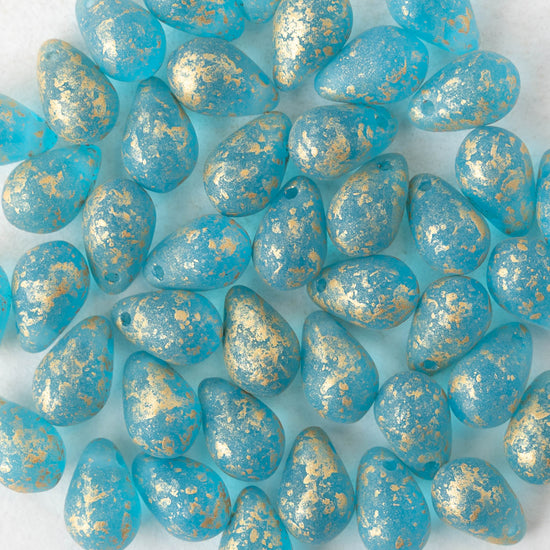 6x9mm Glass Teardrop Beads - Matte Aqua with Gold Dust - 30 Beads