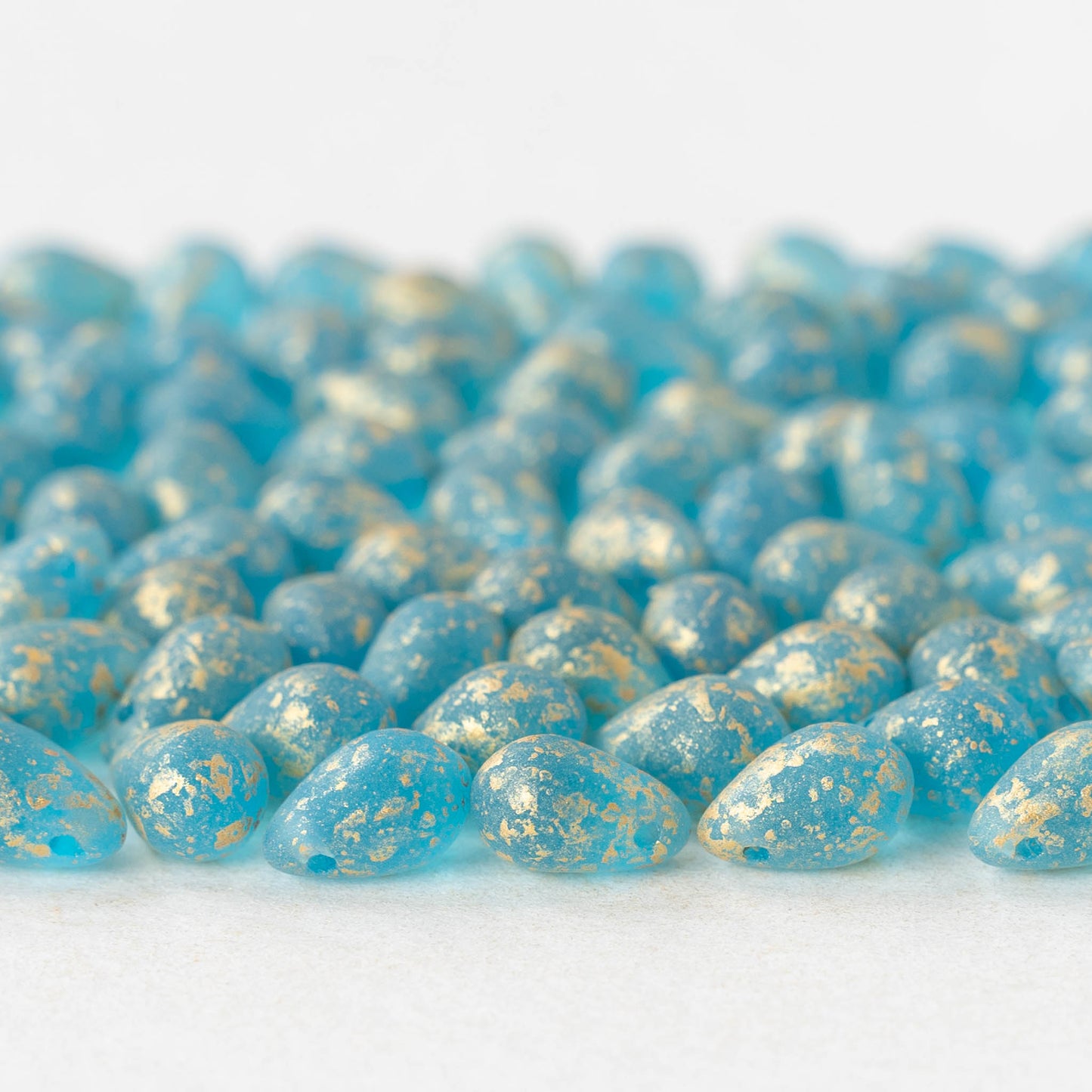 6x9mm Glass Teardrop Beads - Matte Aqua with Gold Dust - 30 Beads