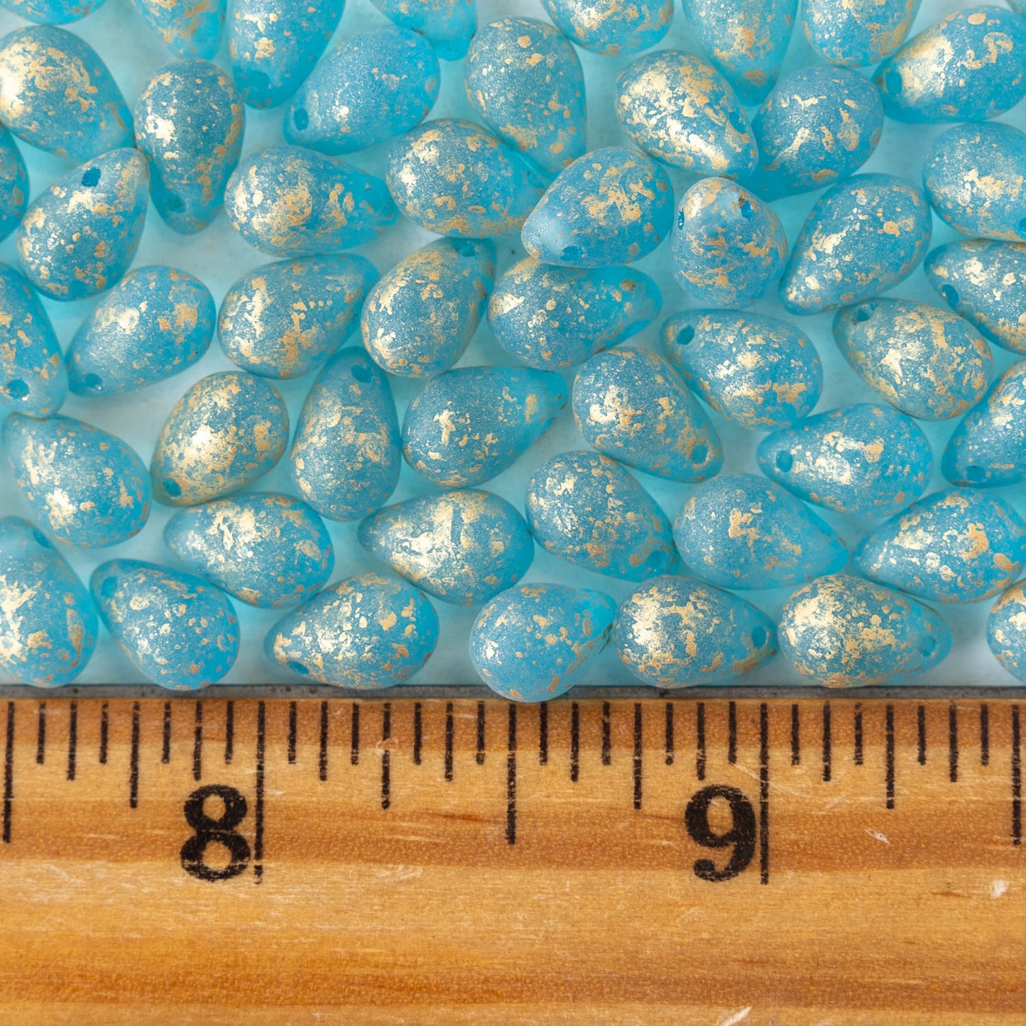 6x9mm Glass Teardrop Beads - Matte Aqua with Gold Dust - 30 Beads