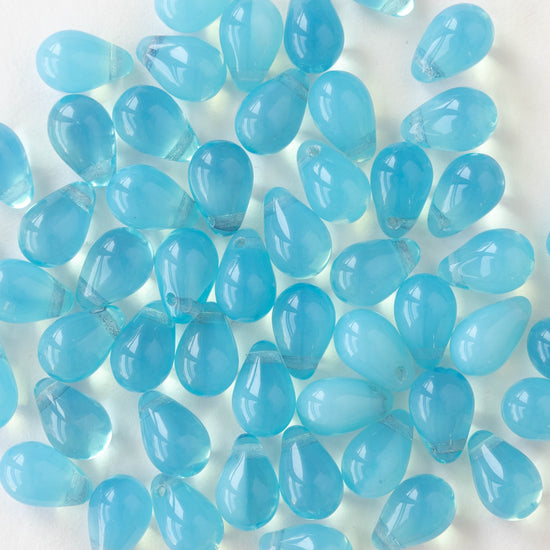 6x9mm Glass Teardrop Beads - Aqua Opaline - 50 Beads