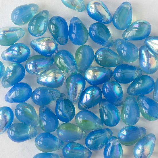 6x9mm Glass Teardrop Beads - Blue and Green AB- 30 Beads