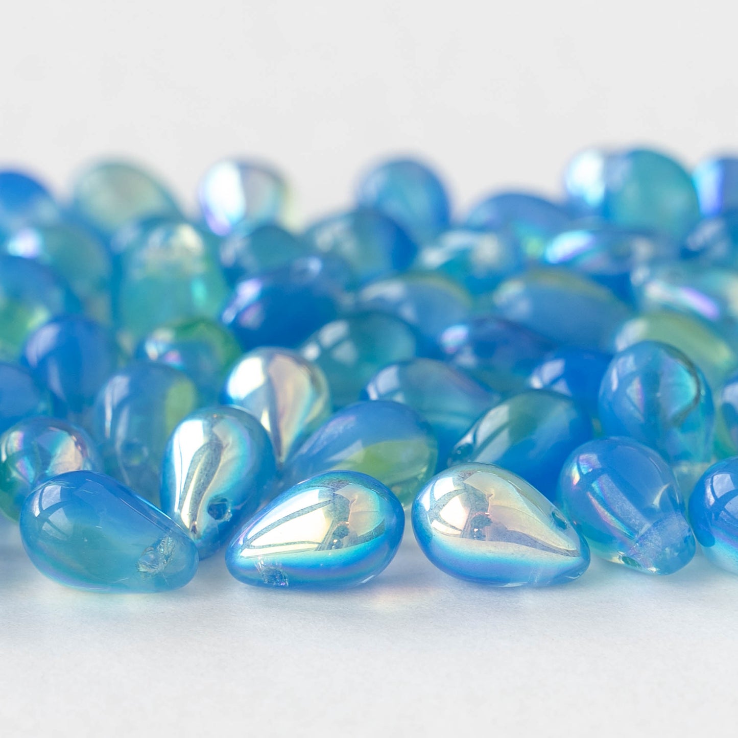 6x9mm Glass Teardrop Beads - Blue and Green AB- 30 Beads