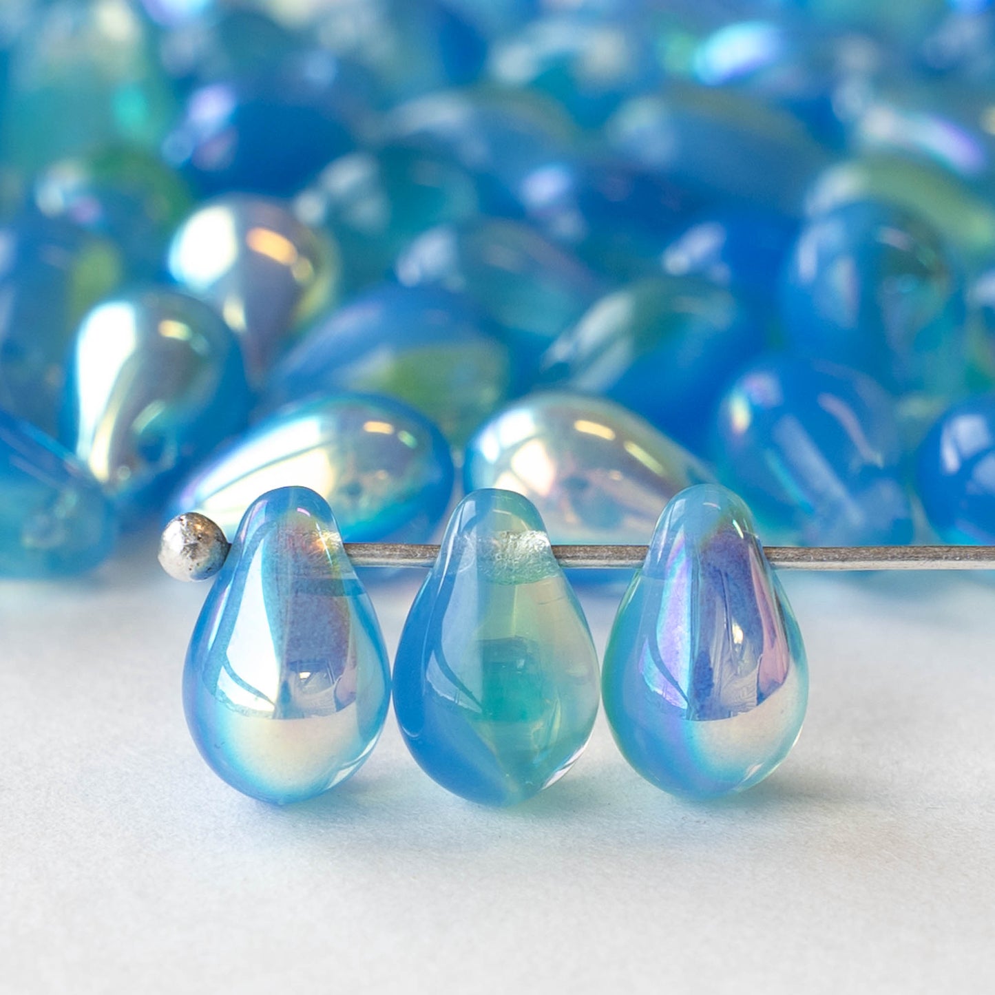 6x9mm Glass Teardrop Beads - Blue and Green AB- 30 Beads