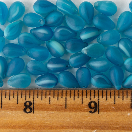 6x9mm Glass Teardrop Beads - Blue Matte Mix - 60 Beads