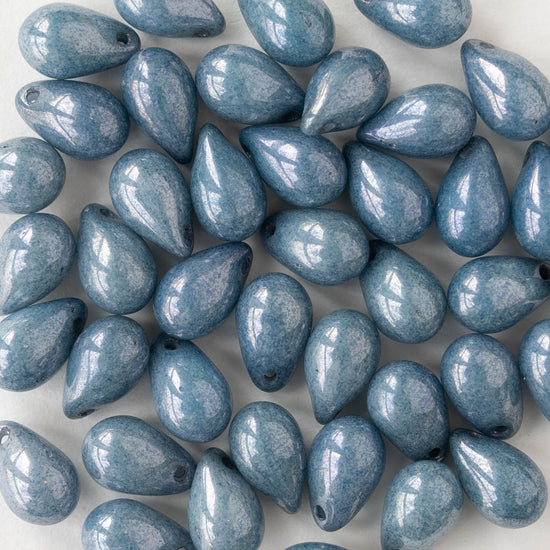 6x9mm Glass Teardrop Beads - Opaque Light Slate Blue Luster - 50 Beads