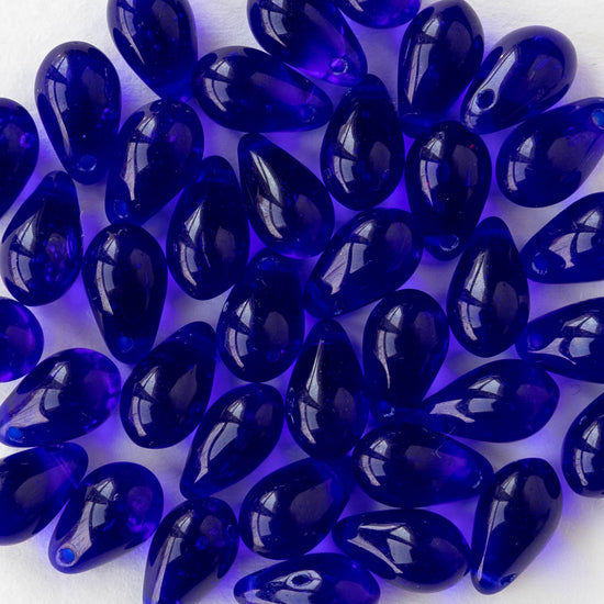 6x9mm Glass Teardrop Beads - Transparent Cobalt Blue - 50 Beads