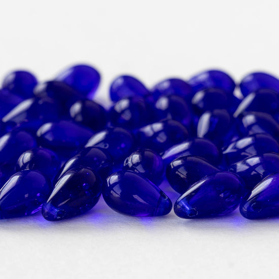 6x9mm Glass Teardrop Beads - Transparent Cobalt Blue - 50 Beads