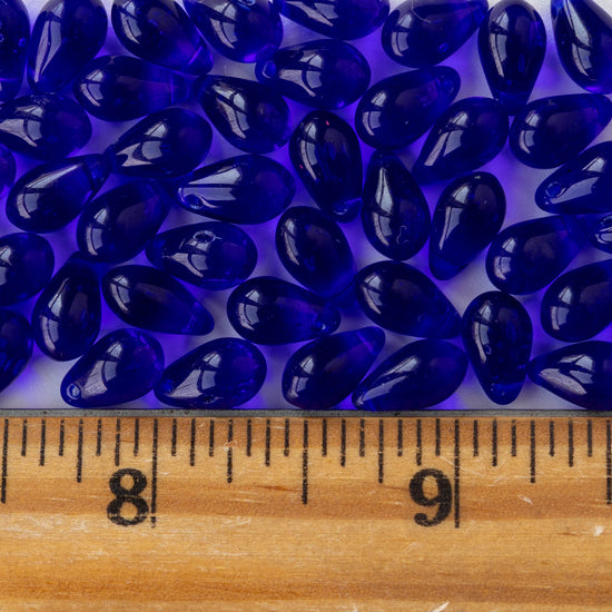 6x9mm Glass Teardrop Beads - Transparent Cobalt Blue - 50 Beads