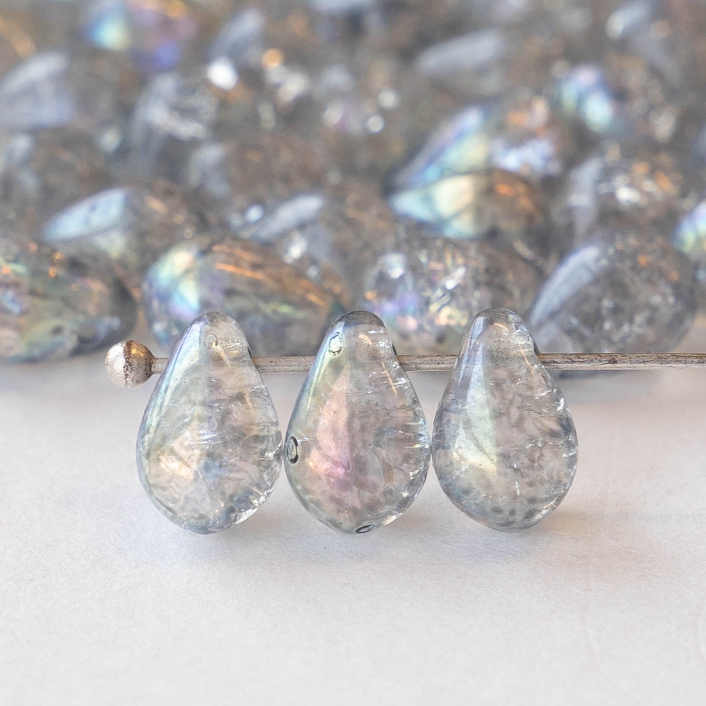 Load image into Gallery viewer, 6x9mm Glass Teardrop Beads - Silver Crystal Crackle  AB- 50 Beads

