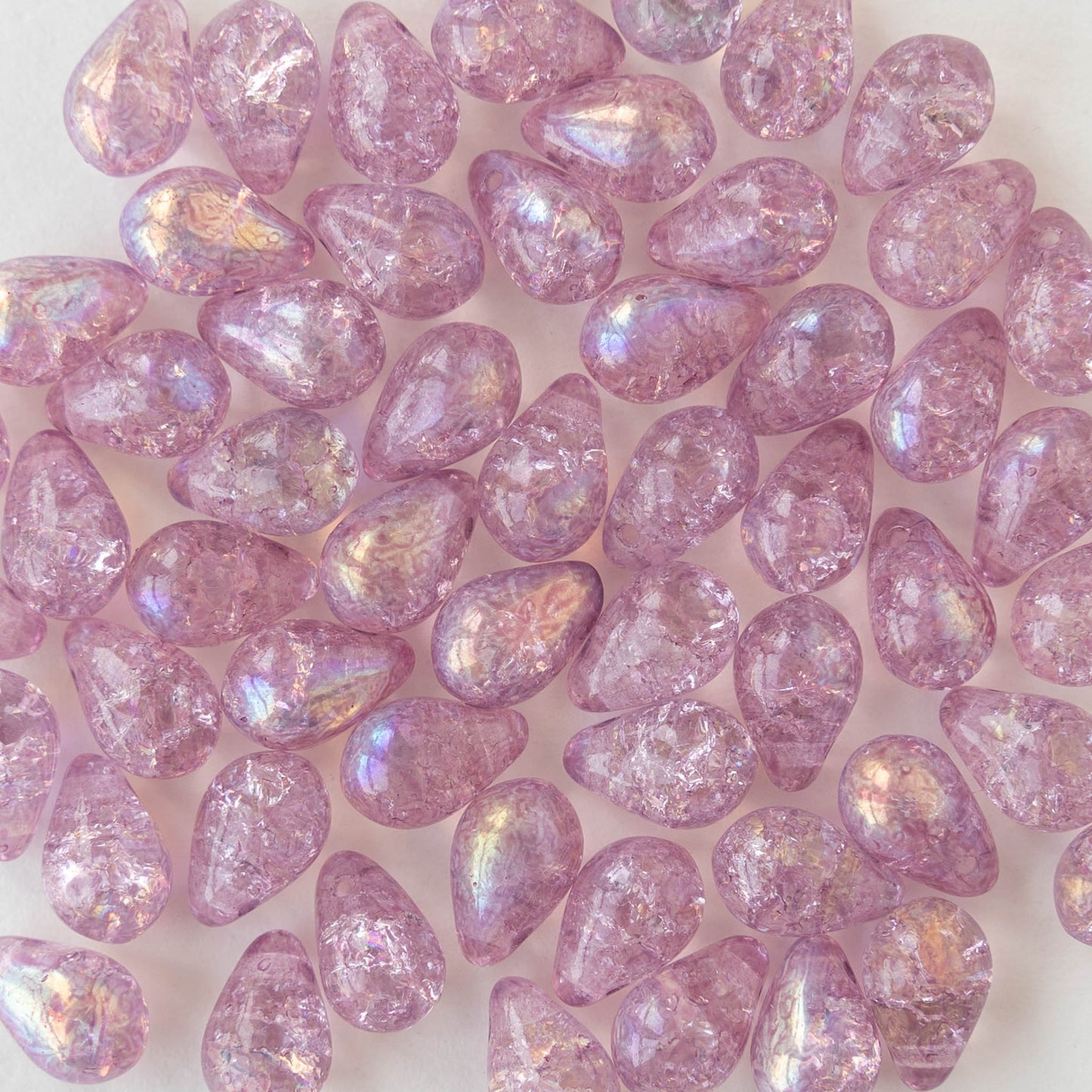 6x9mm Glass Teardrop Beads - Pink Rose Crackle  AB- 50 Beads