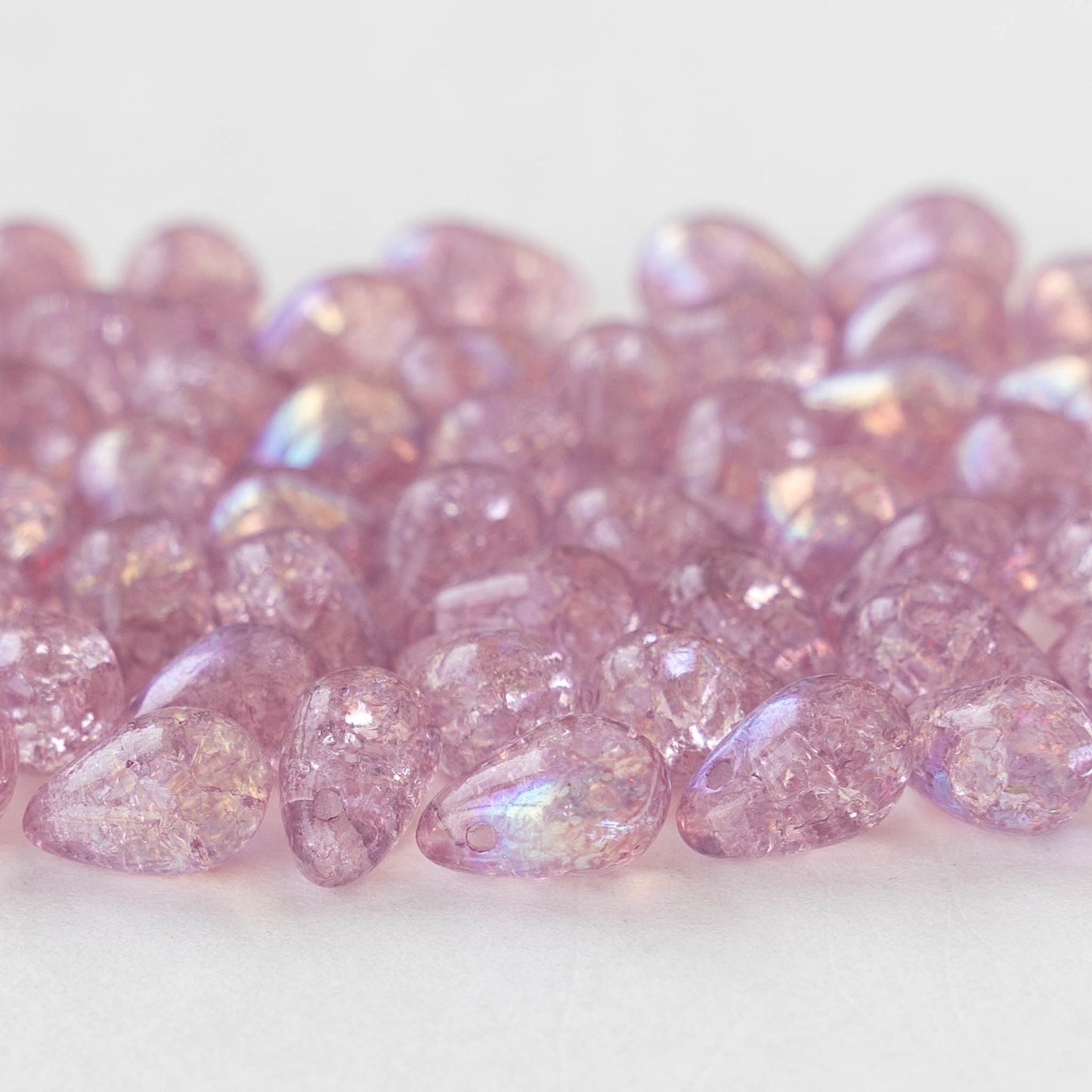 6x9mm Glass Teardrop Beads - Pink Rose Crackle  AB- 50 Beads