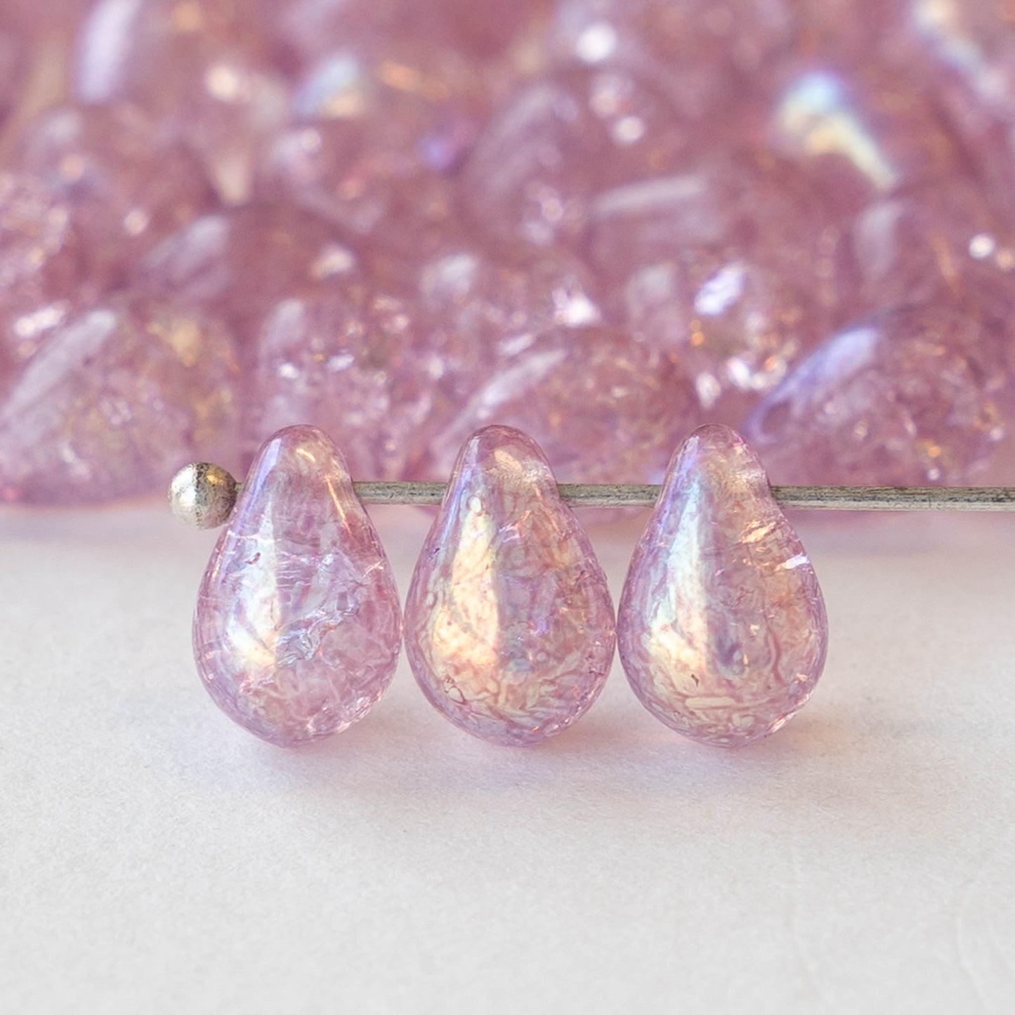 6x9mm Glass Teardrop Beads - Pink Rose Crackle - 50 Beads