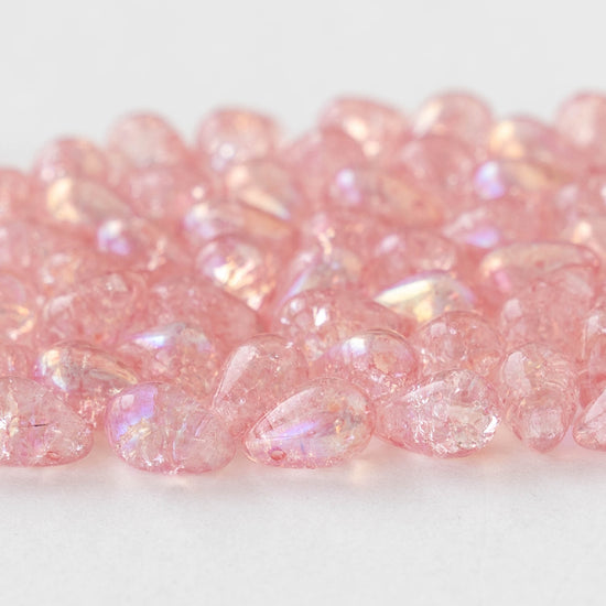 6x9mm Glass Teardrop Beads - Rosaline Crackle  AB- 50 Beads