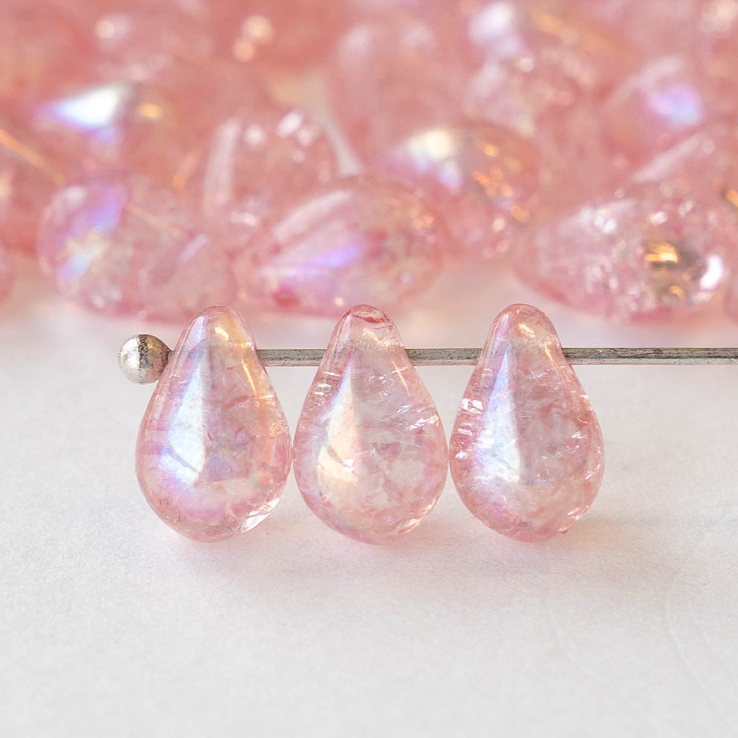 6x9mm Glass Teardrop Beads - Rosaline Crackle  AB- 50 Beads