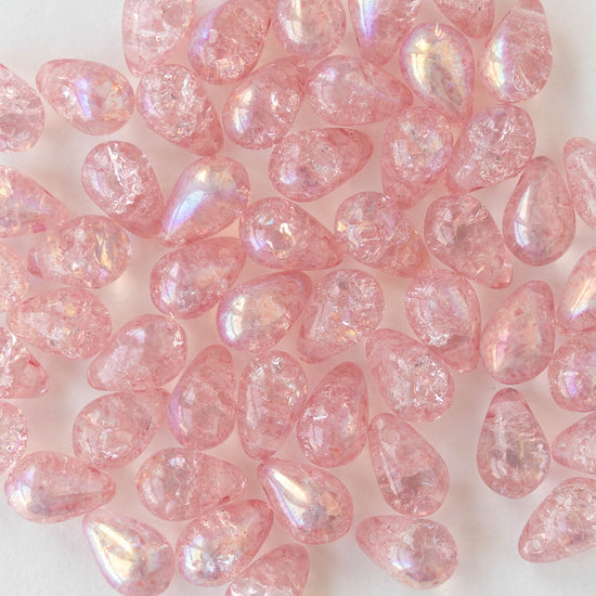 6x9mm Glass Teardrop Beads - Rosaline Crackle  AB- 50 Beads