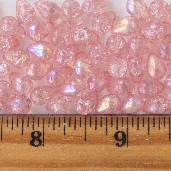 6x9mm Glass Teardrop Beads - Rosaline Crackle  AB- 50 Beads