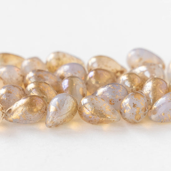 6x9mm Glass Teardrop - White Opaline with Gold Dust - 25 Beads