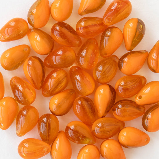 6x9mm Glass Teardrop Beads - Crystal Orange Mix - 60 Beads