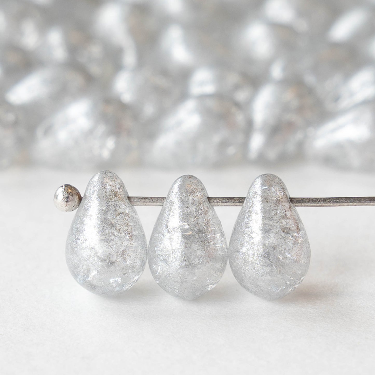 6x9mm Glass Teardrop Beads - Crystal Silver Crackle - 30 Beads