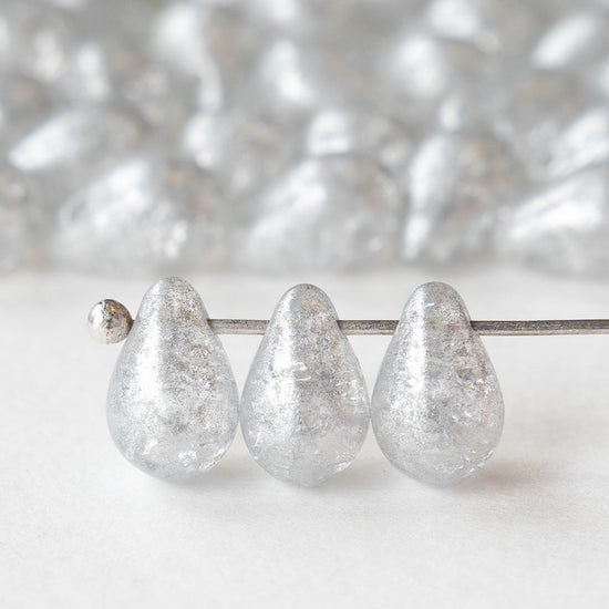 6x9mm Glass Teardrop Beads - Crystal Silver Crackle - 30 Beads