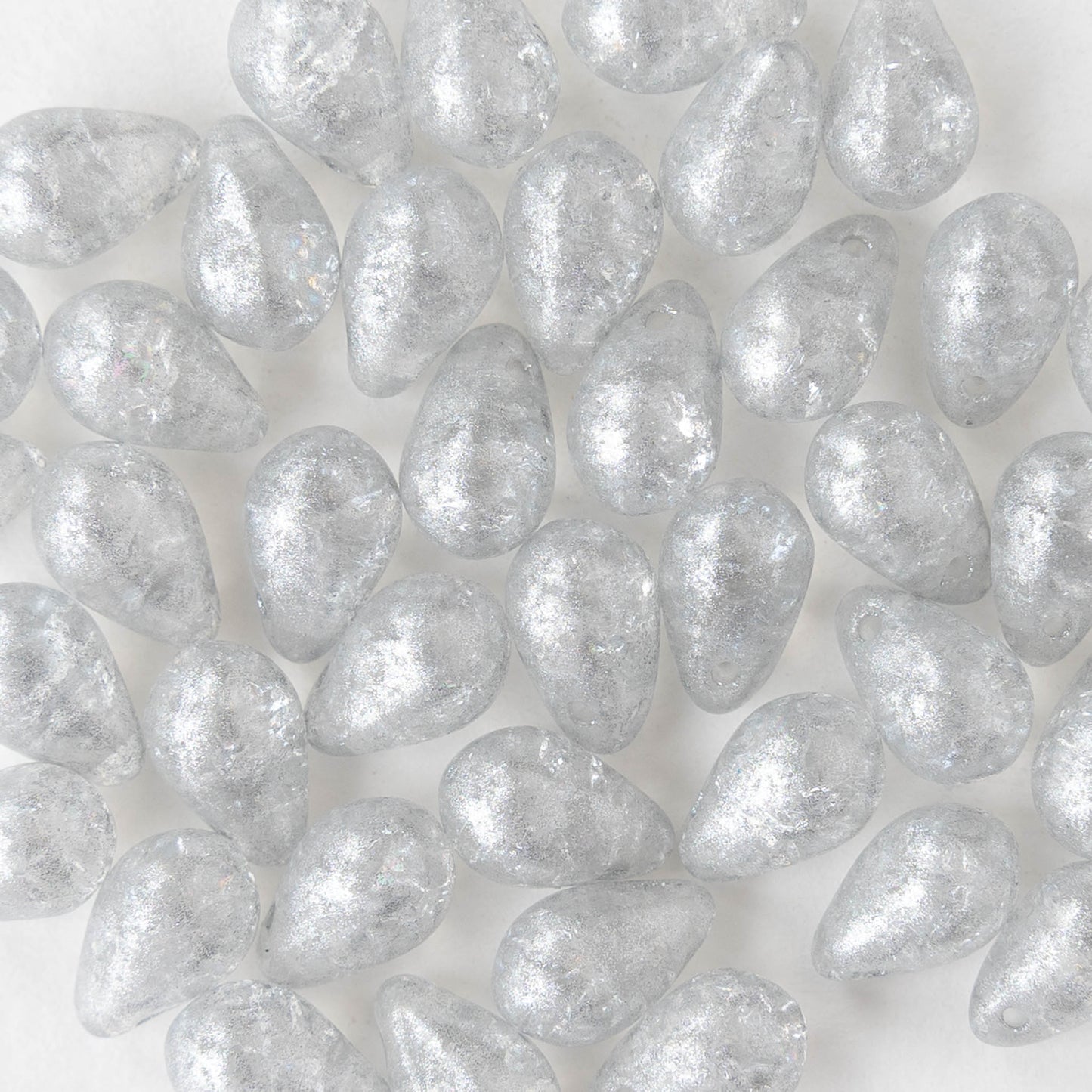 6x9mm Glass Teardrop Beads - Crystal Silver Crackle - 30 Beads
