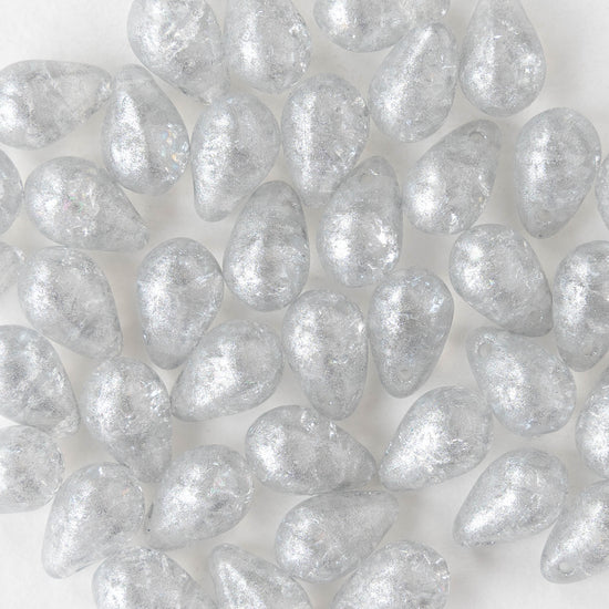 6x9mm Glass Teardrop Beads - Crystal Silver Crackle - 30 Beads