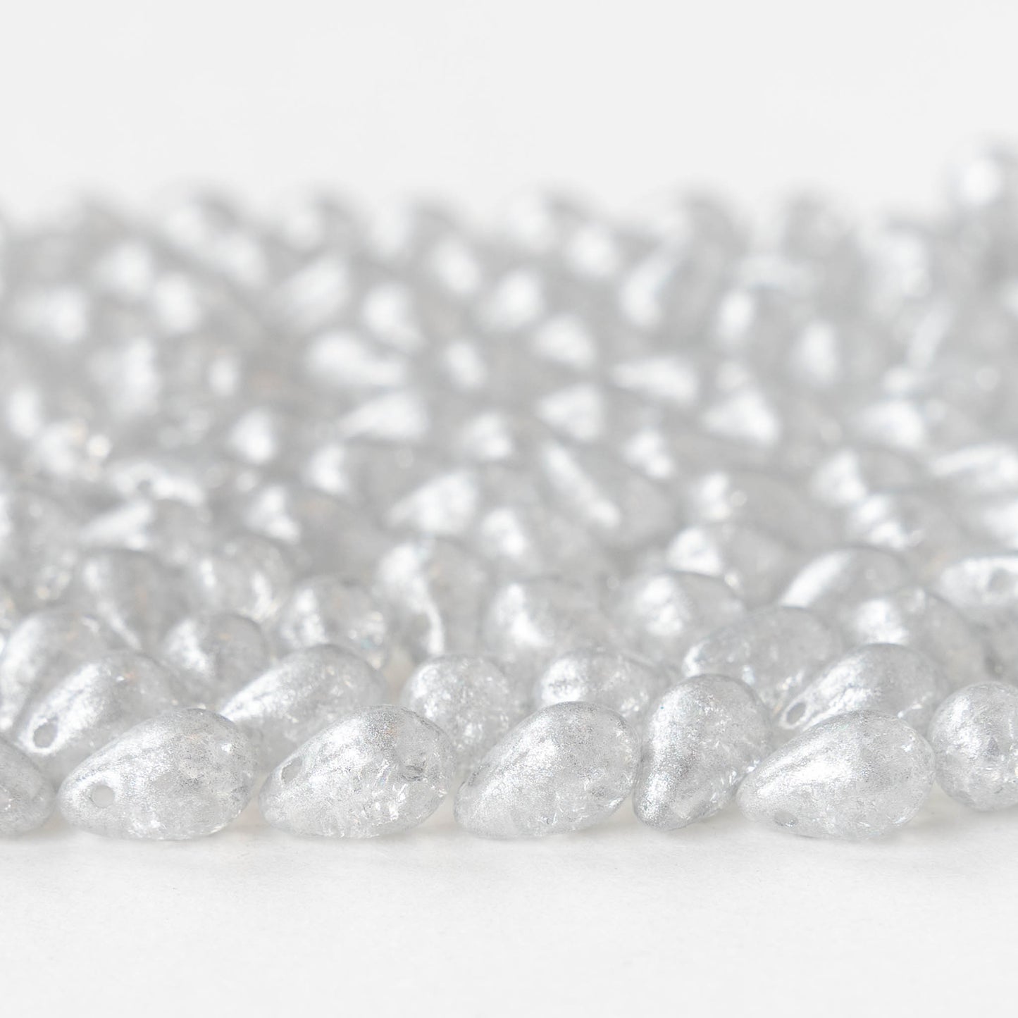 6x9mm Glass Teardrop Beads - Crystal Silver Crackle - 30 Beads