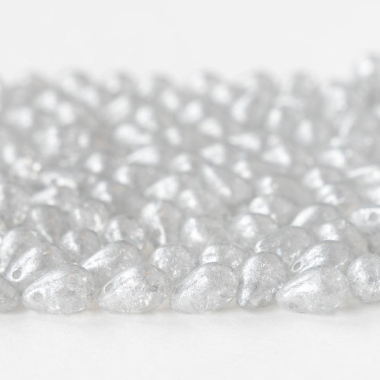 6x9mm Glass Teardrop Beads - Crystal Silver Crackle - 30 Beads