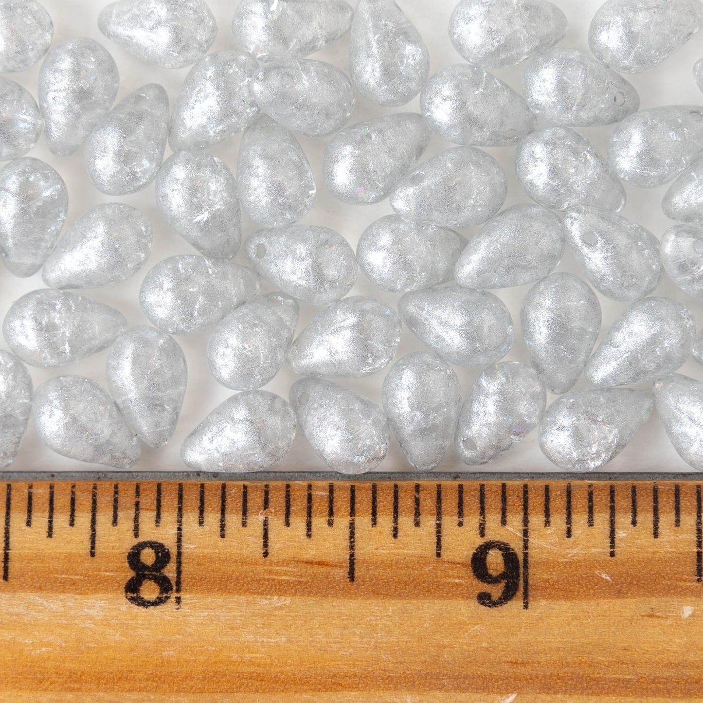 6x9mm Glass Teardrop Beads - Crystal Silver Crackle - 30 Beads