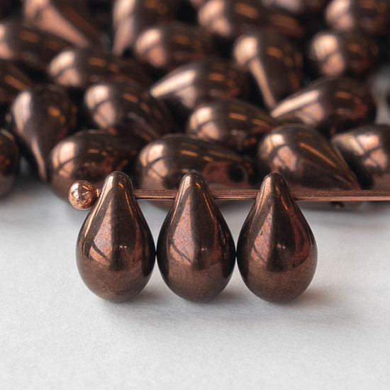 6x8mm Glass Teardrop Beads - Dark Bronze Metallic - 50 Beads